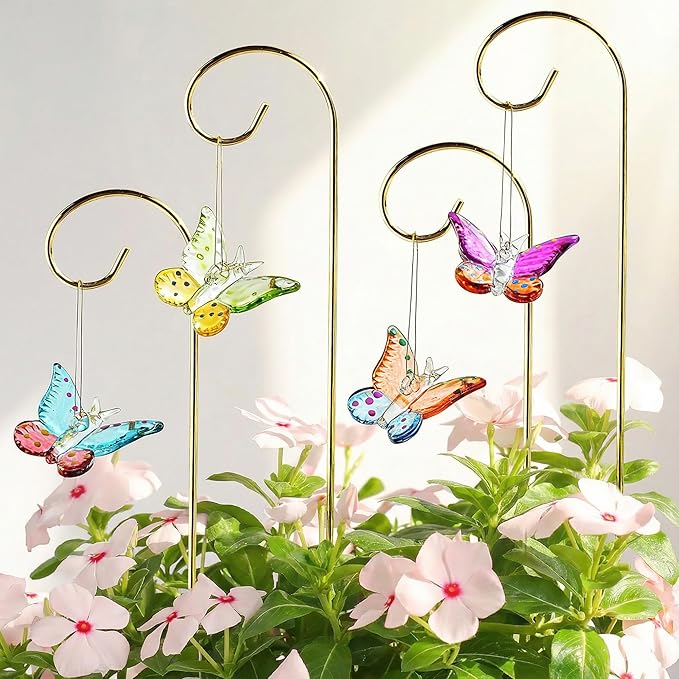 HDCRYSTALSGIFTS 4pcs 1.5'' Colorful Butterfly Plant Stakes Blown Glass Butterflies with 13.5'' Tall Garden Stakes for Flower Arrangements, Indoor Outdoor Plant Accessories, Home Tea Party Wedding