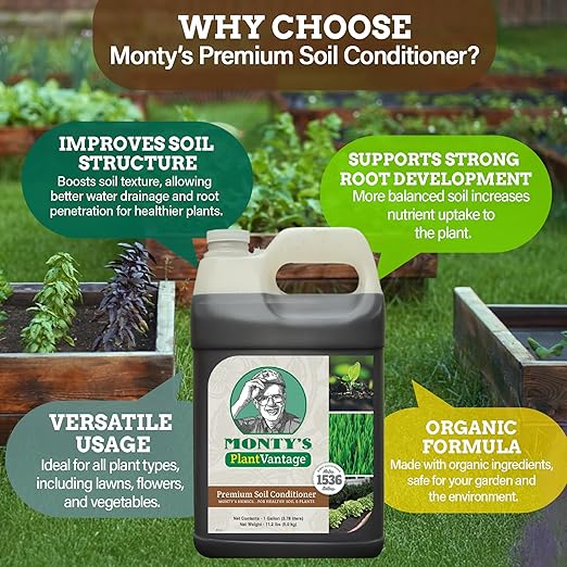 Monty’s Premium Liquid Soil Conditioner – Liquid Aeration Soil Conditioner with Humic Acid for All Soil Types, Increases Moisture & Nutrient Retention, Enhances Health & Microbial Activity – 1 Gal