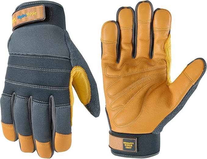 Wells Lamont Men's HydraHyde Work Gloves – Cowhide Leather, Reinforced Fingertips for Durability – Adjustable Velcro Wrist – Ideal for Gardening, Landscaping, Lawn Care – Navy - L