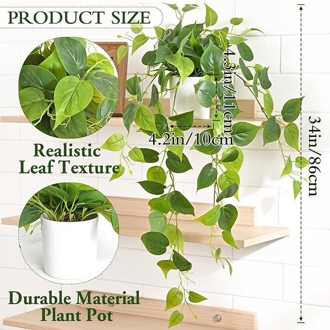 Waipfaru Artificial Plants Indoor, 1Pcs 34" Realistic Fake Pothos Hanging Plants Silk Vines Ivy Potted, Fake Pothos for Living Room Office Bedroom Bathroom Kitchen Shelves Indoor Home Decor