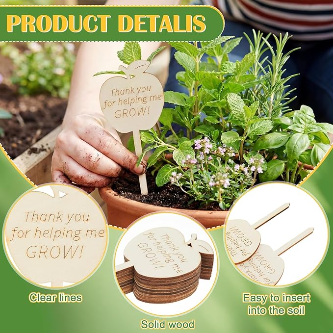 Sieral 50 Pcs Wooden Teacher Appreciation Plant Tags Sign, Thank You for Helping Me Grow, Apple Shape Plant Tags, Grow Succulent Gift Card Graduation Gifts Stakes Labels Garden for Baby Shower