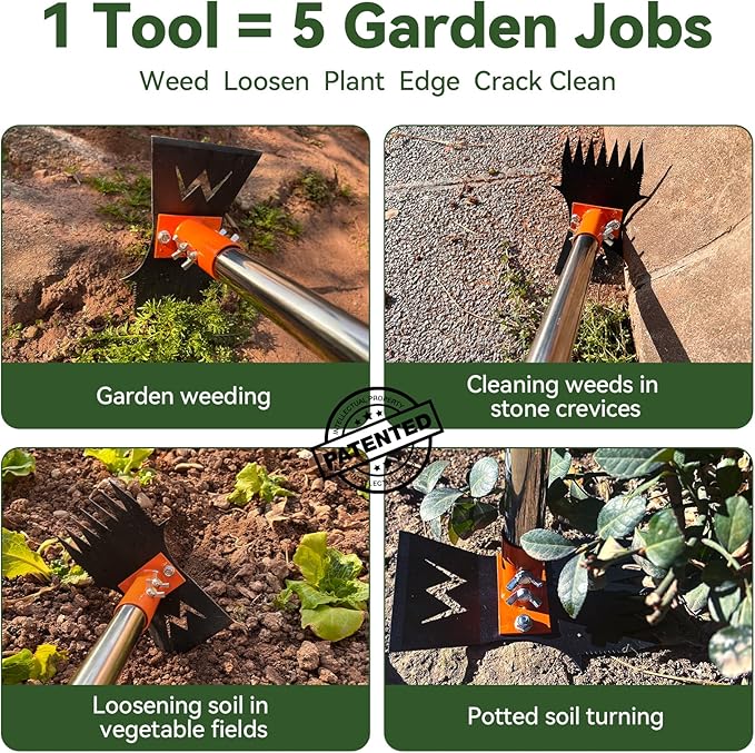 Garden Hoe & Weed Puller Tool with Long Handle, 60 Inch,Manual Weed Remover Tool, 3-in-1 Weed Rake & Grabber & Pruning Shears, Dandelion Gardenia Heavy Duty Uprooting Tool for Yard, Lawn and Garden
