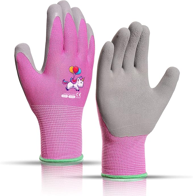 KDK Ages 8-10 Kids Gardening Gloves,Yard Work Gloves for Toddlers, Youth, Girls, Boys, Childrens, Soft Safety Rubber Gloves (XS Age 8-10, 1 Pair Pink Unicorn)