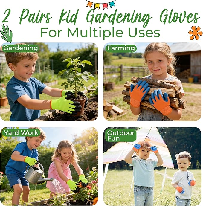 HANDLANDY 2 Pairs Kids Gardening Gripper Gloves, Foam Rubber Coated Children Toddler Garden Yard Work Outdoor Playing Gloves for Girls Boys (Size L)