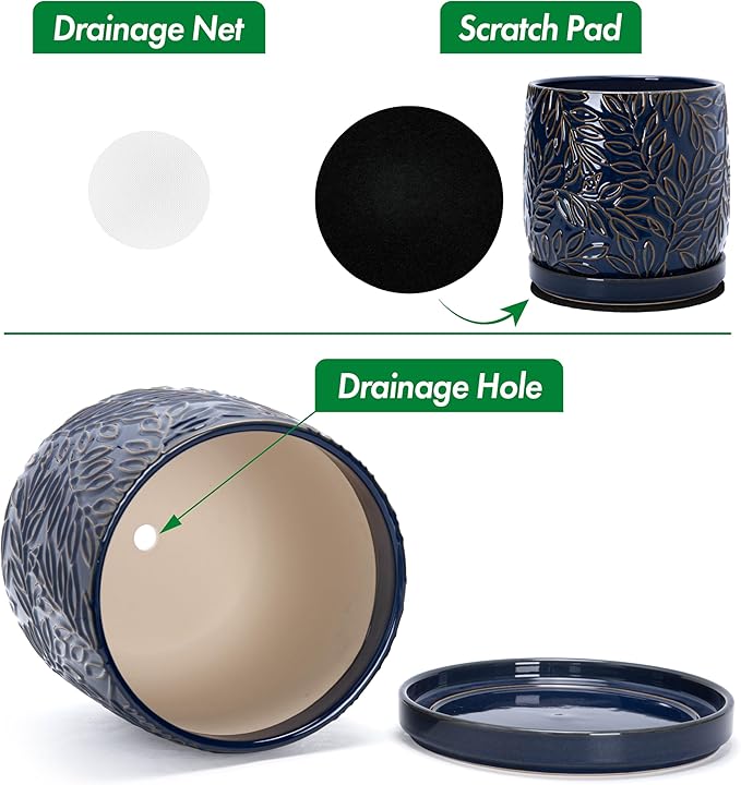 D'vine Dev 8 Inch Embossed Leaves Stoneware Planter Pot with Drainage Hole and Saucer, Midnight Blue, 27-A-Q-3