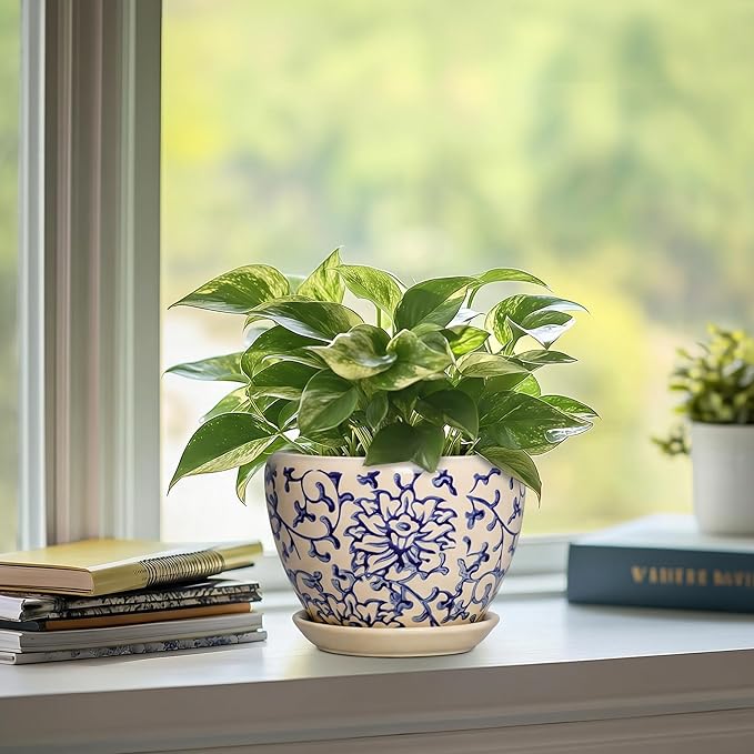 6 Inch Plant Pot - Ceramic Planters for Succulent Snake Plants, Round Pots for Plants with Drainage Hole and Saucer, Indoor Flower Pots, Living Room Decor, Gardening Gifts, Retro Blue