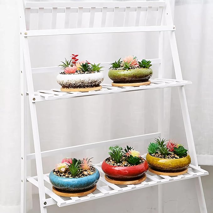 Cute Circular Ceramic Home Garden Decoration Succulent Cactus Flower Pots Container with Bamboo Tray -Plant Not Included (Red, 7.3 Inch)
