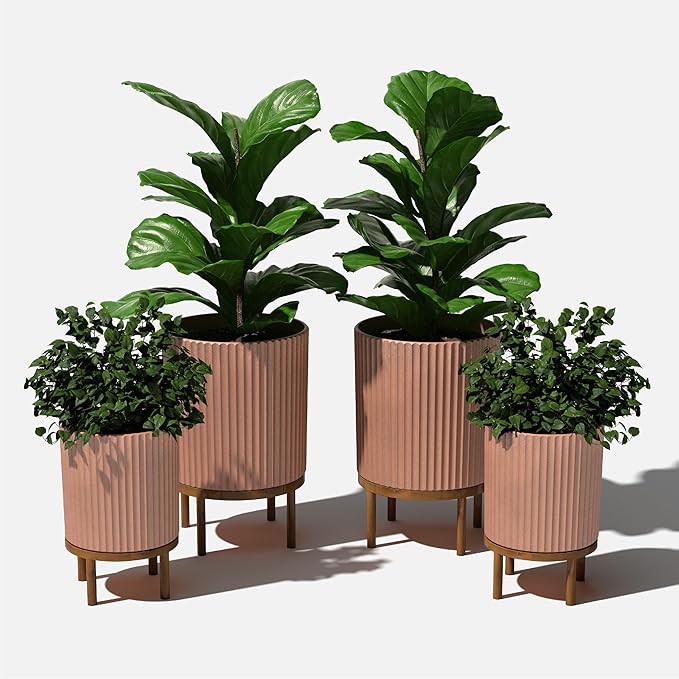 Veradek Demi Series Round Planter w/Stand for Porch/Patio | Durable Plastic-Stone Composite & Wooden Stand | Modern Décor for Tall Plants, Flowers