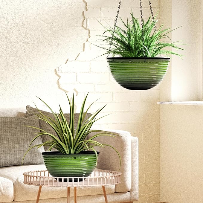 Vanslogreen 10 Inch Hanging Planter, 2 Pack Hanging Planters for Indoor Outdoor Plants, Hanging Pots with Drainage Holes for Garden Home (Green)