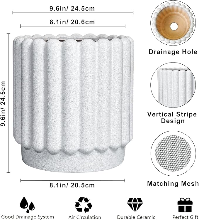 Ceramicfor Ceramic Plant Pots - 9.6 Inch Ceramic Planters with Drainage Hole, Round Flower Pots for Indoor Plants, Modern Fluted Large Planter Outdoor, Home Room Decor, Gardening Gifts, White