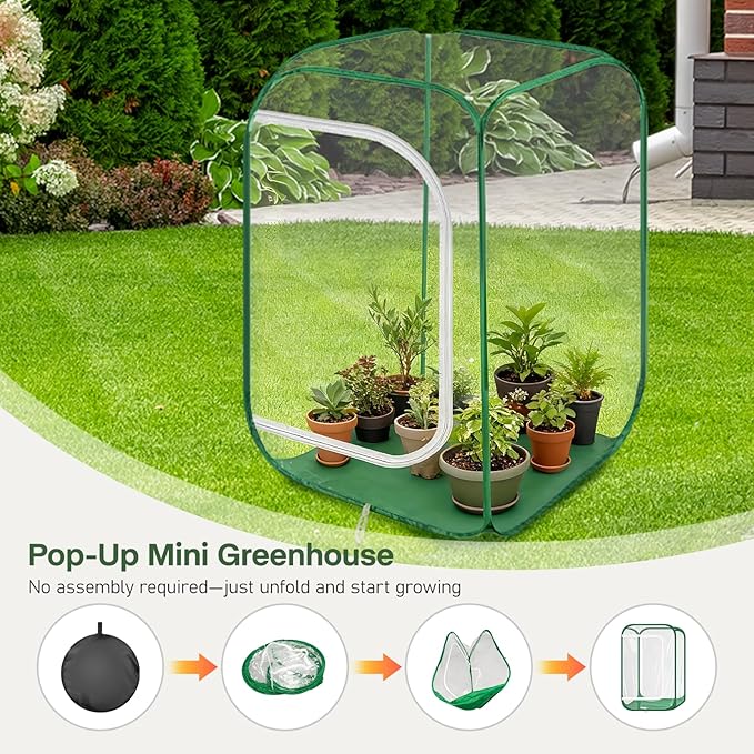 OnBrand 24.65" x 24.65" x 35.59" Portable Pop Up Greenhouse for Outdoors & Indoors, PVC Mini Greenhouse with Zipper Door & Storage Bag, Clear Plant Tent for Seedlings Flowers Vegetables