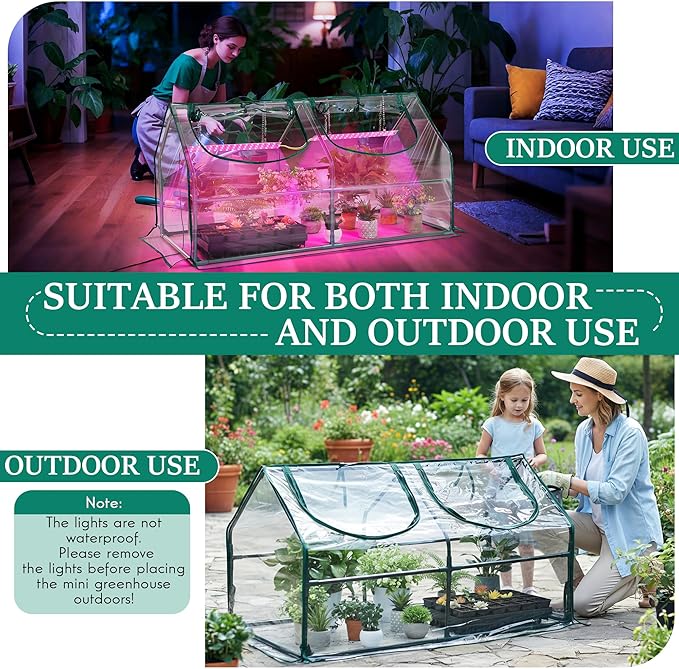 Meonum Mini Greenhouse with Grow Light, 47.2" L x 23.6" L x 23.6" W Portable Greenhouses Waterproof UV-Resistant for Indoor/Outdoor Seed Starting (House Shape)