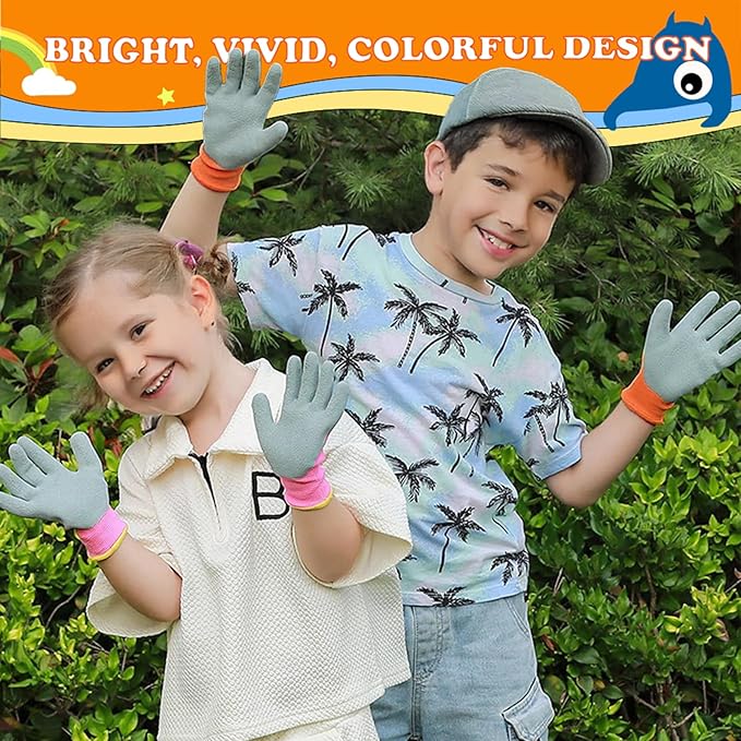3 Pairs Kids Gardening Gloves. Children Rubber Coated Garden Gloves, Kids & Toddler Outdoor Work Gloves For Age 3-12.