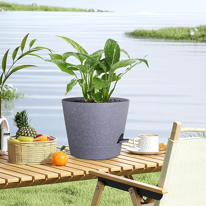Meowell 12 inch Large Self Watering Pots for Indoor Outdoor Plants, Plant Pots with Mesh Drainage Holes for Garden House Plants, Plastic Planters with Reservoir for Flower, Speckled Grey
