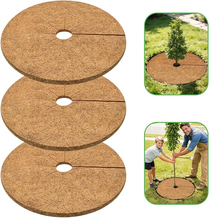 ZeeDix 3 Pack Coconut Fiber Mulch Ring, 30 Inch Coco Coir Tree Ring Mulch Mat, 100% Natural Tree Protector Mat Plant Cover Ring Coconut Coir Discs Tree Mats Mulch Rings for Indoor Outdoor Trees Plants