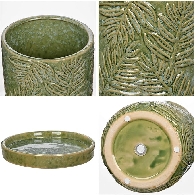 GnFlus 5.5 Inch Ceramic Planter Pots with Drainage Holes, Saucers for Indoor-Outdoor Plants, Succulent Orchid Flower Large Round Plant Pot Green