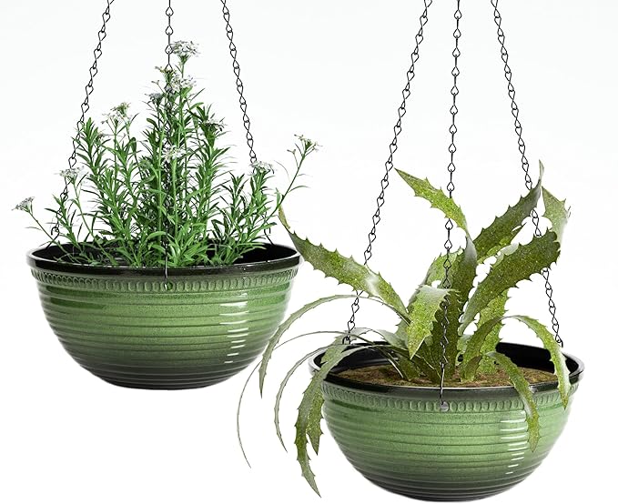 Vanslogreen 12 inch Hanging Planters for Indoor Outdoor Plants, 2 Pack Large Hanging Flower Pots with Drainage Holes and Chain, Glazed Hanging Baskets for Home Garden Decoration, Green