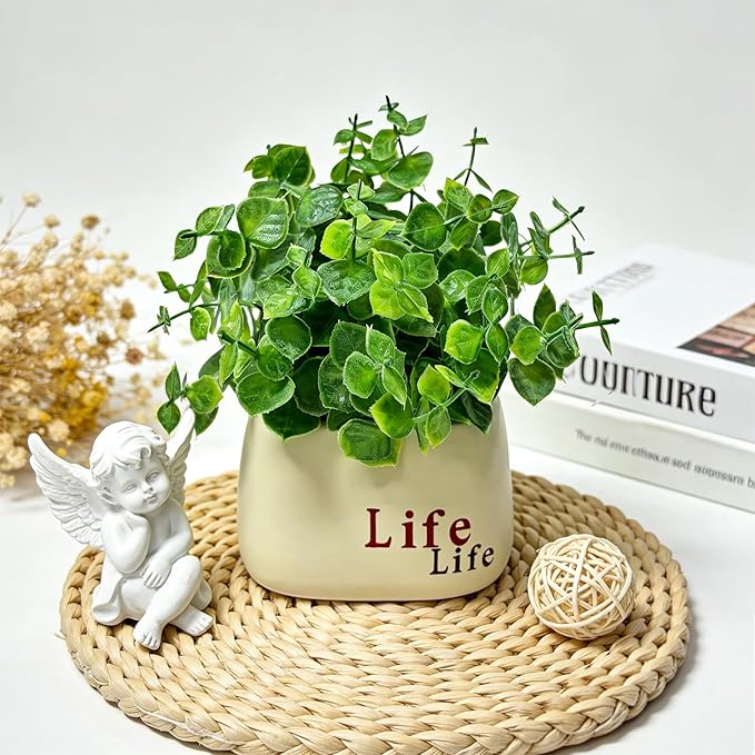 Small Fake Plant in Pot, 7" Artificial Plant Indoor, Fake Eucalyptus Stems with Ceramic Vase, Faux Greenery Eucalyptus Bathroom Decor for House Office Desk