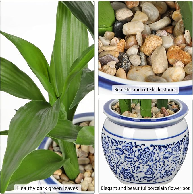 Artificial Potted Plants Indoor Home Decor 16.5" Tall Fake Lucky Bamboo Plant in Blue and White Ceramic Pot Faux Potted Plants Indoor Houseplant for Home Tabletop, Office Desk, Shelf, Zen Room