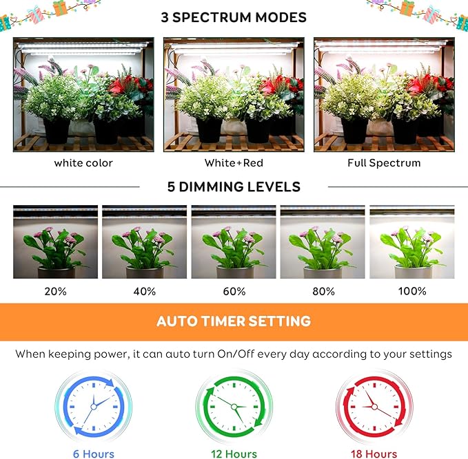 SDOVUERC 2 Bars Grow Light Strips for Indoor Plants with Auto ON/Off Timer 6/12/18H, 5 Dimmable Levels for Shelves Plant Growing(Pack 2)