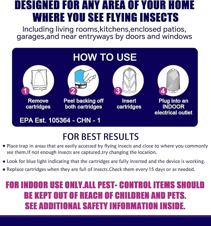 Flying Insect Trap for Indoor Use (2 Staters & 6 Refill Cartridges), UV Light Bug Catcher for Fruit Flies, Gnats & Small Flying Pests, Silent, No-Zap, Mess-Free
