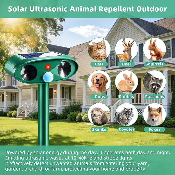2 Pack Solar Ultrasonic Animal Repeller Outdoor - Sonic Fortress Pro Deer Repellent Weatherproof with Motion Sensor & USB Charging,Deter Cats,Squirrels,Racoons,Rabbits,Skunks Humanely for Yard Garden