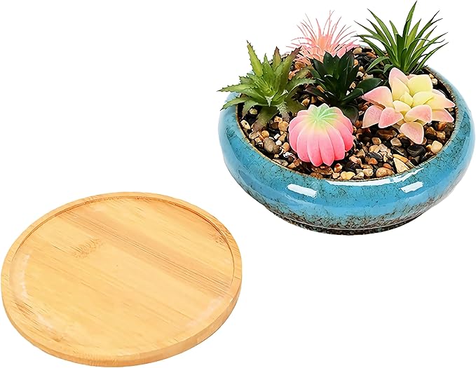 Cute Circular Ceramic Home Garden Decoration Succulent Cactus Flower Pots Container with Bamboo Tray -Plant Not Included (Red, 7.3 Inch)