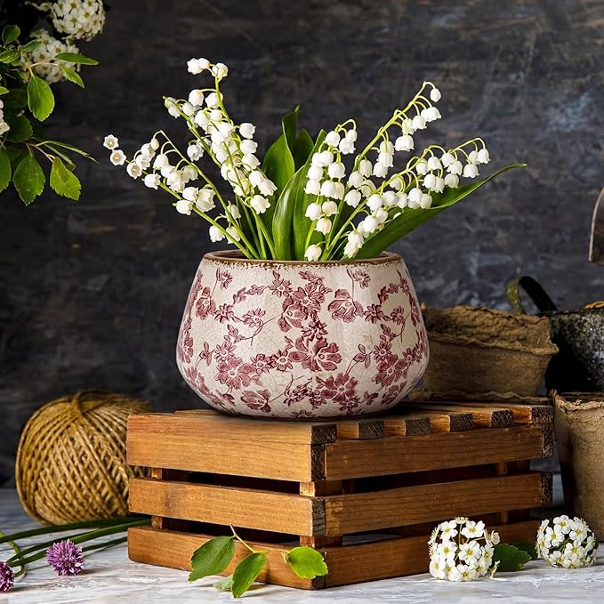 9.8 Inch Large Vintage Ceramic Planter Ice Crack Glaze Pink Rose Floral Flower Pot with Drainage Hole Rustic Decorative Plant Pots Gifts for Home Kitchen Office Indoor Outdoor Plants