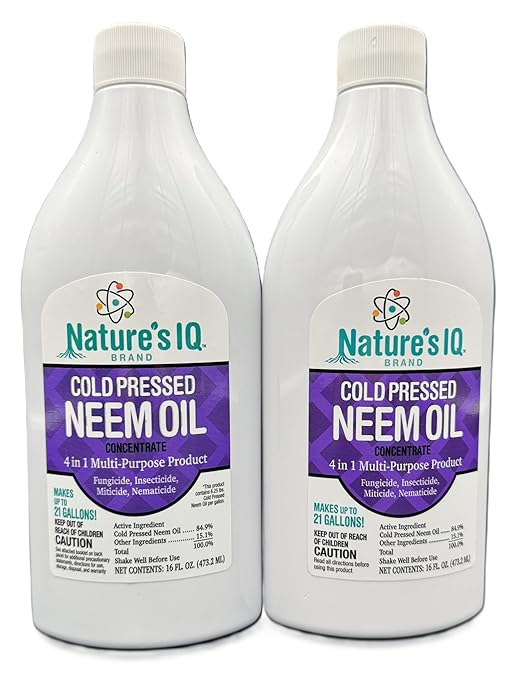 Nature's IQ Advanced Formula Neem Oil Concentrate Twin Pack. Makes up to 42 gallons of Neem Oil Spray for Plants. Just add Water. Insecticide, miticide, Fungicide, and Nematicide. 2-16oz Bottles