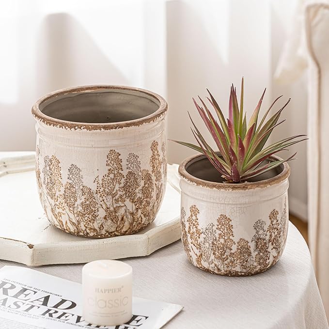 Set of 2 Ceramic Planters for Indoor Plants, 4.7+5.7 Inch Vintage Flower Pots without Drainage Hole, Rustic Brown Planter Set, Decorative Plant Pots for Indoor Plants, Home Decor, Living Room, Office