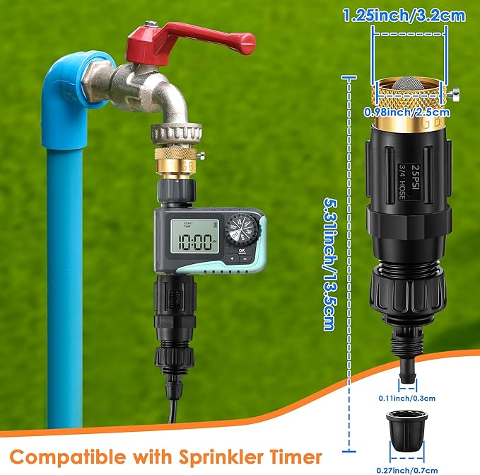 Drip Irrigation Faucet Adapter 25 PSI, 1/4" Tubing Quick Connect to 3/4" Garden Hose with Backflow Preventer, Filter, Plumbers Tape, Pressure Regulator, Copper Drip Irrigation System Fittings