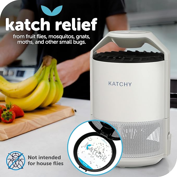 Katchy Indoor Fly Trap– Catcher & Killer for Mosquito, Fruit Fly, Gnat & Small Moth – Non-Zapper Trap with Fan Suction & Blue UV Light – Ideal for Indoor Spaces, Kitchen & Plants (Original, White)