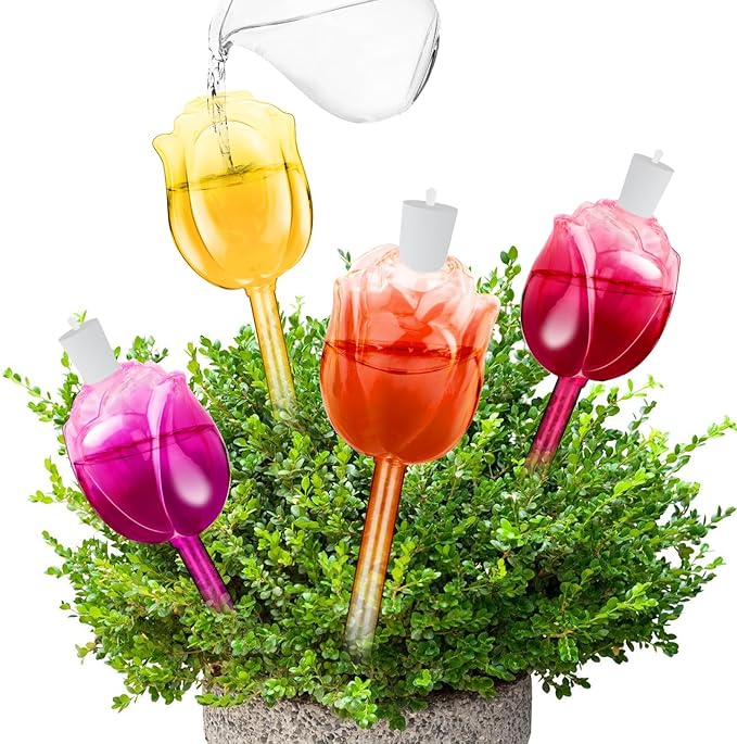 Rose Self Watering Globes for Indoor Plants - 4Pcs Iridescent Glass Plant Watering Devices with 100ML Water Bulbs, Rainbow Plant Watering Insert for Outdoor Flowers