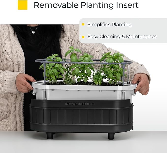 Permasteel Herb Garden Planter with Trellis Support, Self-Watering System with Water Level Indicator, Fits Multiple Herb Plants, for Basil, Flowers, Succulents, Indoor & Outdoor, Black