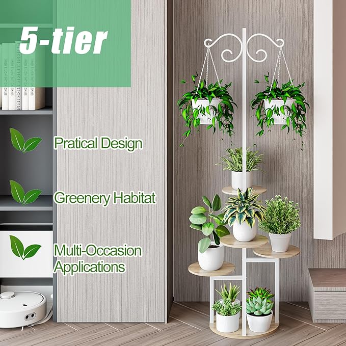 INGIORDAR Plant Stand Indoor Outdoor Corner Flower Stands Multiple Flower Pot Holder for Patio Garden Balcony Living Room 5 Tier with hook White+Sonoma Oak