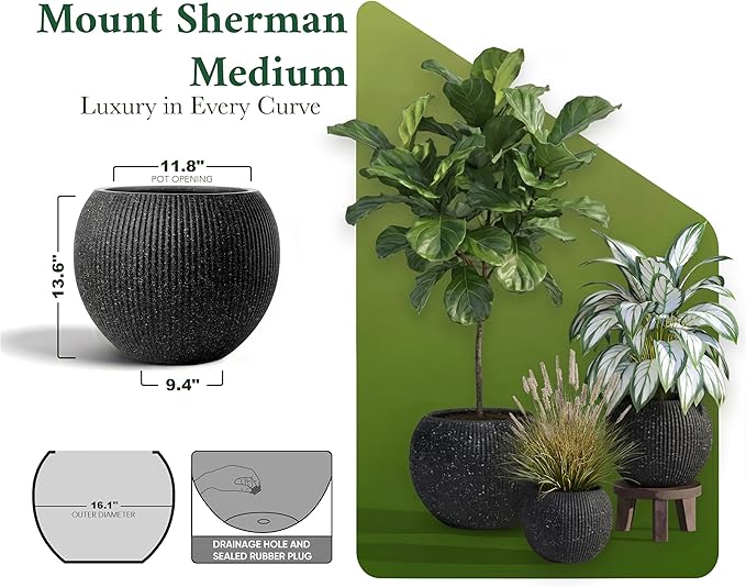DTY Mt Sherman 16.1'' D x 13.6'' H (Pot Opening 11.8") Fiberstone Round Planter with Drainage Hole, Smooth Finishes, Weather Resistant for Indoor and Outdoor, 2 Extra Coco Mats - Ribbed Black, Medium