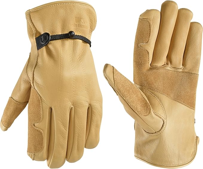 Wells Lamont Leather Work Gloves for Men – Heavy Duty, Cowhide, Abrasion & Puncture Resistant – Adjustable Wrist, Gunn Cut Design, Ideal for Ranching, Farming, Construction - Timber - L