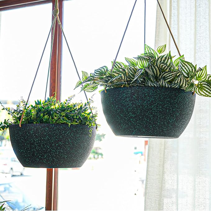 SwinDuck 12 Inch 2 Pack Large Hanging Planters for Indoor Outdoor Plants, Plastic Hanging Basket Pots for House Plants Flowers, Black Speckles