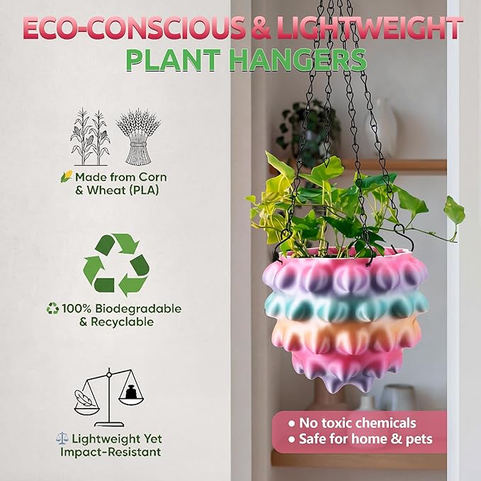 Enhon 6 Inch Hanging Planters for Indoor Plants, Unique Hanging Pots for Plants with Drainage and Hanger Baskets Hangers, Spiked Orb Plant Hanger, Silky Rainbow Finish