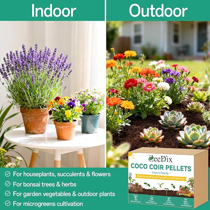 ZeeDix 50pcs(50mm) Coco Coir Pellets Potting Soil Indoor Plants, Compressed Coconut Coir Soil Pellets Seed Starting Pellets Discs for Planting Flowers Bonsai Herbs Plants and Vegetables