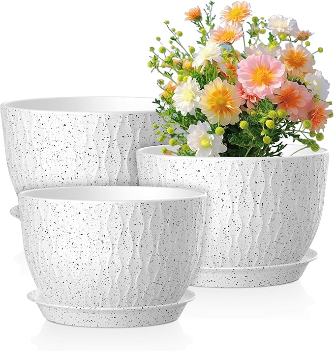Meowell 12/10/9 inch Large Flower Pots, 3 Set Big Plant Pots for Outdoor Indoor Plants with Water Ripples, Wide Plastic Planters with Drainage Holes and Saucers for Garden House Plants, Speckled White