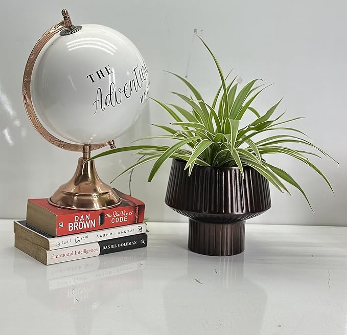 Wide Top Modern Handmade Metal Indoor Planter with Unique Shape, Vertical Grooved Design and Anti-Scratch Pads, Rust-Resistant Finish that is Sustainable Non-Plastic Pot Recyclable Metal Vase (Copper)