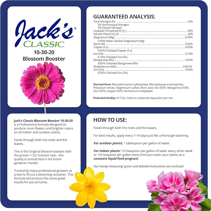 Jack's Classic 10-30-20 Blossom Booster Water-Soluble Fertilizer with Micronutrients for Increasing Color and Quantity of Blooms in Flowering Plants, 8oz