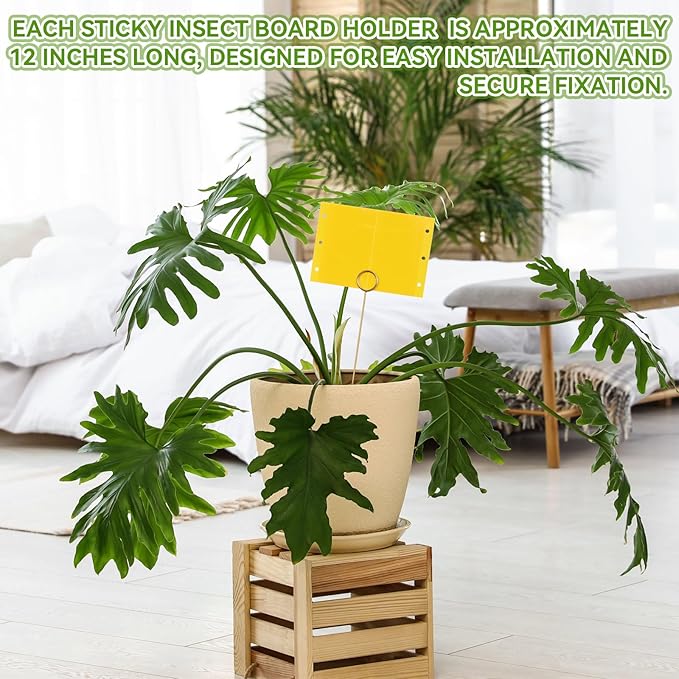 50 Pcs 12 Inch Dual-Sided Yellow Fruit Fly Traps Kit Includes 25 Sticky Cards and 25 Golden Long Wire Holders Effective Insect Gnat Trap Killer for Garden Plant Indoor Pest Control Fungus Gnats