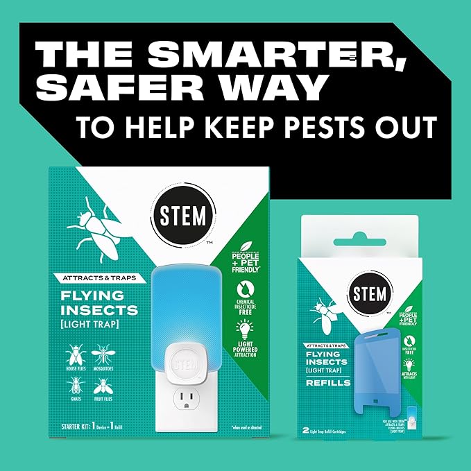 STEM Insect Trap - Indoor Fruit Fly & Gnat Pest Control for House, Home and Kitchen, Attracts & Traps Flying Bugs, Soft Blue Light - Includes 1 Plug-in Device & 3 Cartridges