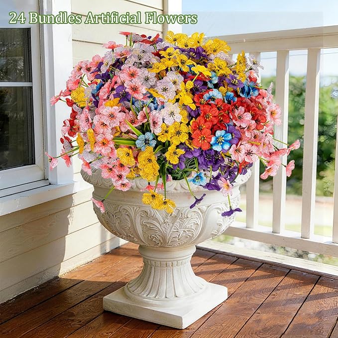 PADONISE 24 Bundles Artificial Flowers for Outdoor Indoor Decor, Fake Silk Flower Plastic Stems UV Resistant for Hanging Plants Spring Summer Bouquet Vase Porch Window Box Wedding Farmhouse Garden