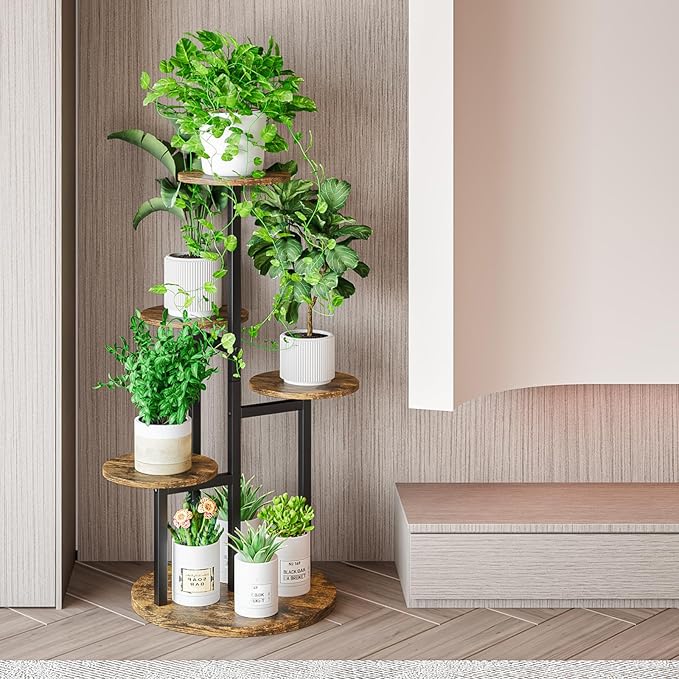 INGIORDAR Plant Stand Indoor Outdoor Corner Flower Stands Multiple Flower Pot Holder for Patio Garden Balcony Living Room 5 Tier Black+Rustic Brown