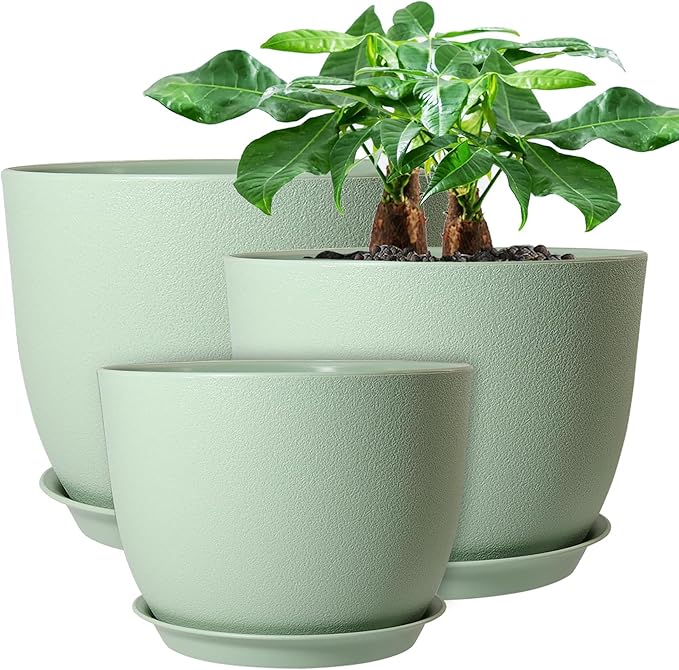 UOUZ 12/10/9 Large Modern Plant Pots, Plastic Planters with Drainage Holes and Saucers for Indoor Outdoor Plants Flowers, Green
