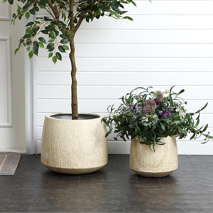 LuxenHome Round Tapered Planters, Set of 2 Outdoor Indoor Plant Pots with Drainage Hole, Decorative Lightweight Flower Pots, Rustic Wood Grain Texture Concrete Planter Pots for Home Garden Patio