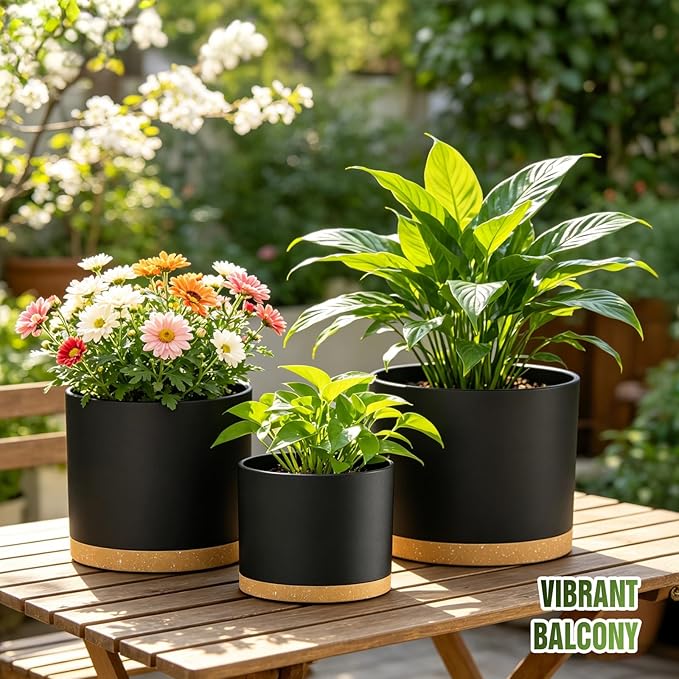 10/9/8 Inch Large Plant Pots with Drainage Holes and Trays, 3 Pack Modern Minimalist Cylinder Planters for Monstera, Snake Plant, Indoor Outdoor (Matte Black & Brown)